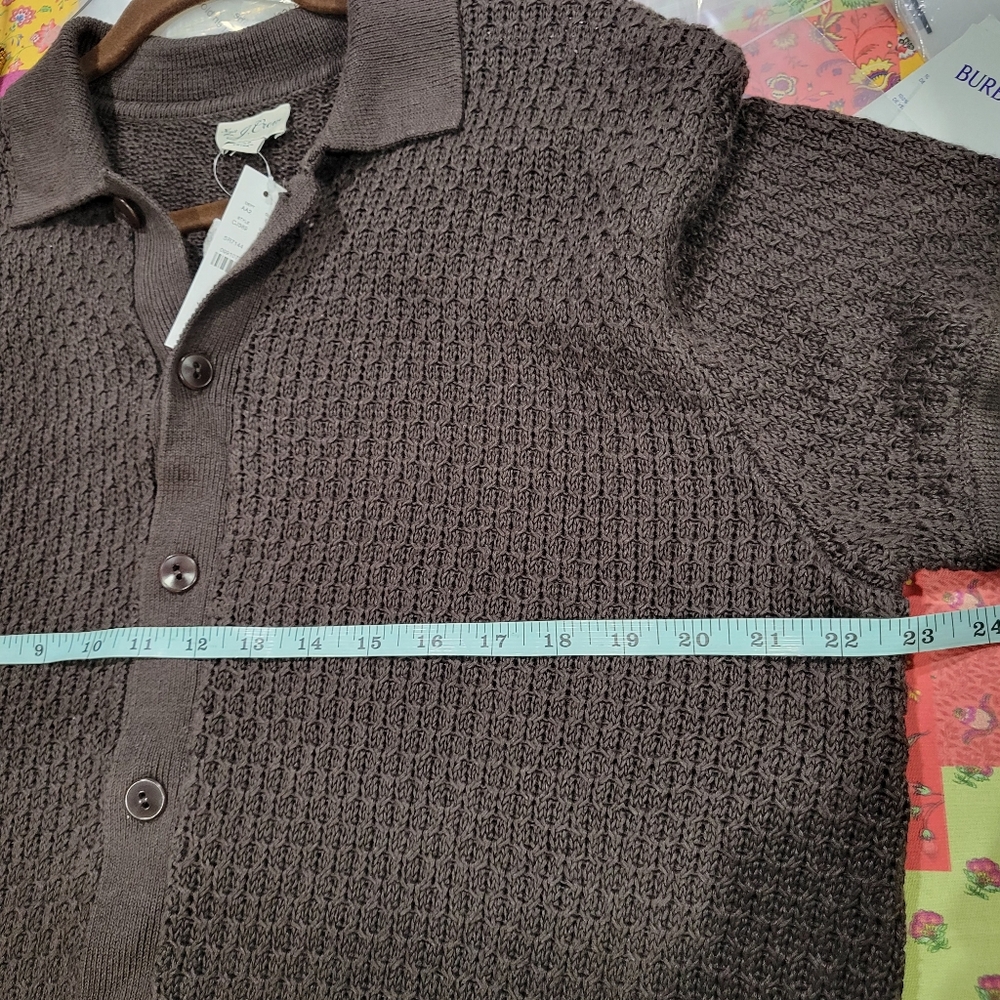 J Crew Short-sleeve linen texture-stitch cardigan sweater-polo Size M Brown NWT - Picture 4 of 5
